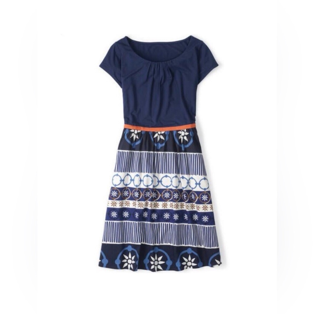 Boden Navy and White Midi Dress with Coral Belt Size 2